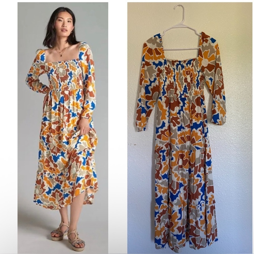 Anthropologie DOLAN Smocked Multicolor Laney Midi Long Sleeve Modest Dress
